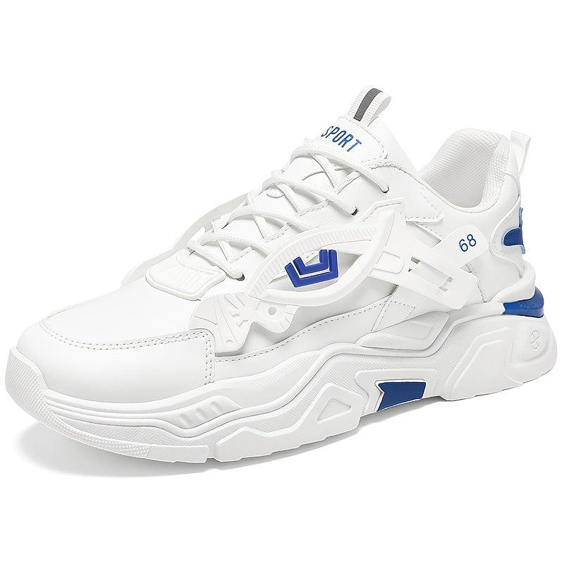 Men's White & Blue Geometric Accent Casual Sneakers - Low-Top Lace-Up Breathable PU Upper, Cushioned EVA Insole & Durable Rubber Sole for All-Season Casual Attire, Shoes Sneakers, Allseason Footwear, Sleek Shoe Design, Fabric