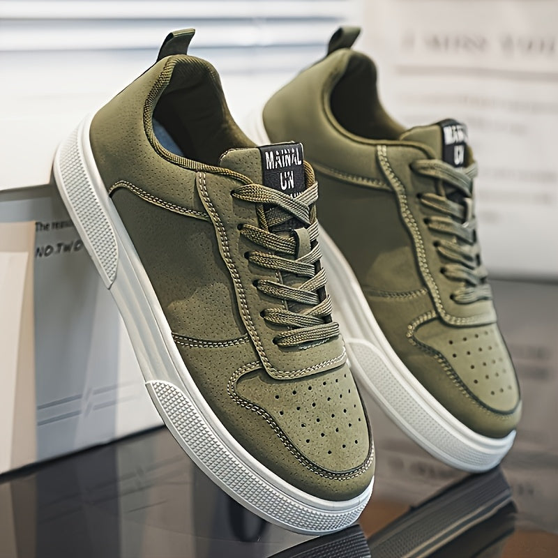1 Pair MAINALUN Men'S Skateboarding Sneakers - Low-Top Lace-Up Casual Shoes with Thick PVC Sole, Breathable Fabric Lining & Durable Synthetic Upper for Daily Wear, Outdoor, Travel, Parties - Green/Black/Khaki, Skateboarding S