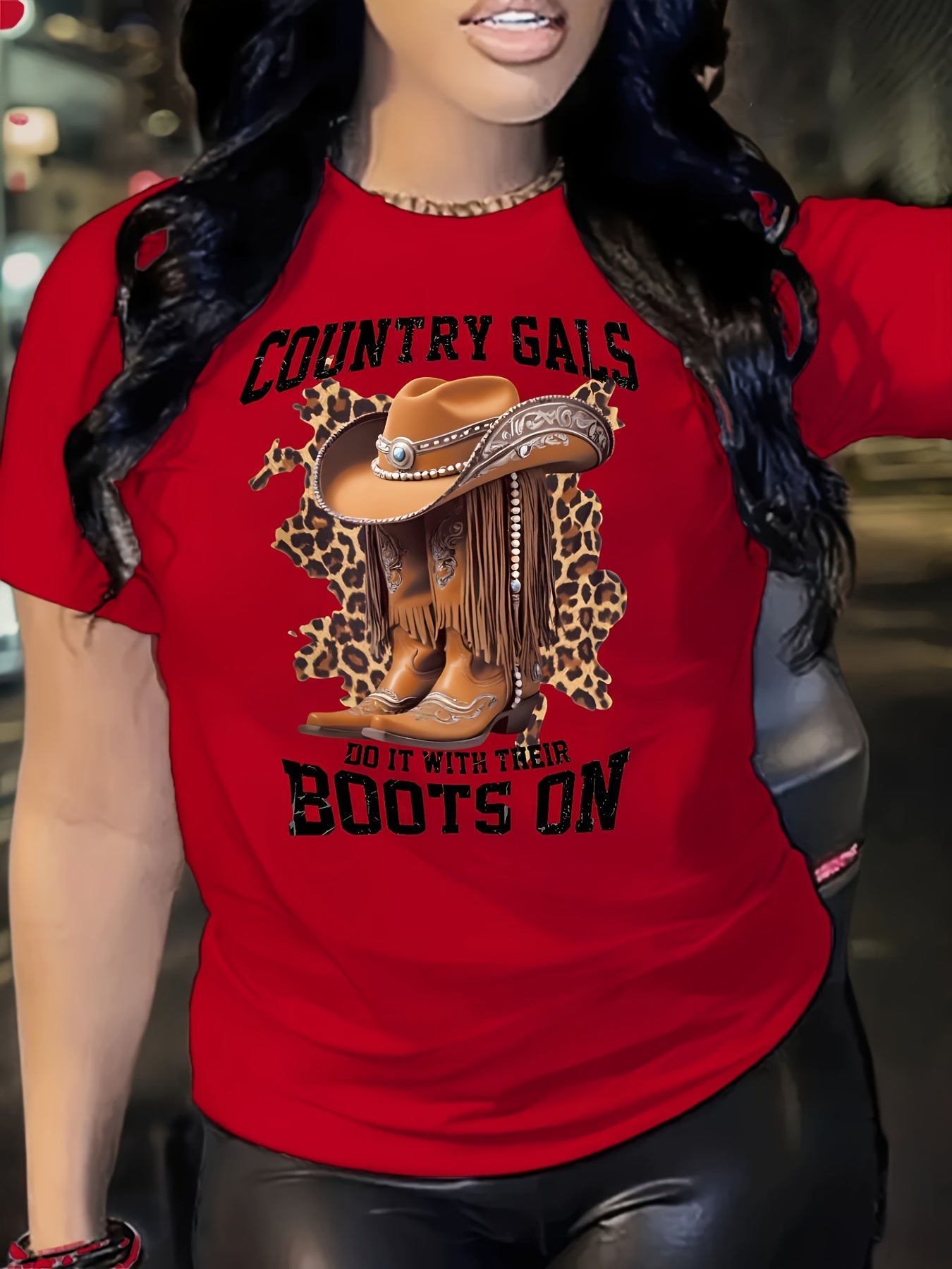 Women's Casual Short Sleeve T-Shirt with Cartoon Cowboy Boots & Leopard Print Graphic, "Country Gals Do It with Their Boots On" Slogan, Vibrant Orange Round Neck Tee, Machine Washable Regular Fit, Allseason Top, Semitranspare