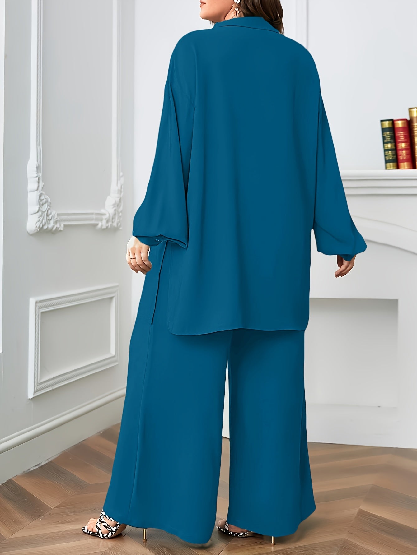 Elegant Plus Size Women'S Two-Piece Set: Stylish V-Neck Blouse & Wide Leg Pants - Perfect for Formal Occasions, Plus Size Blouses