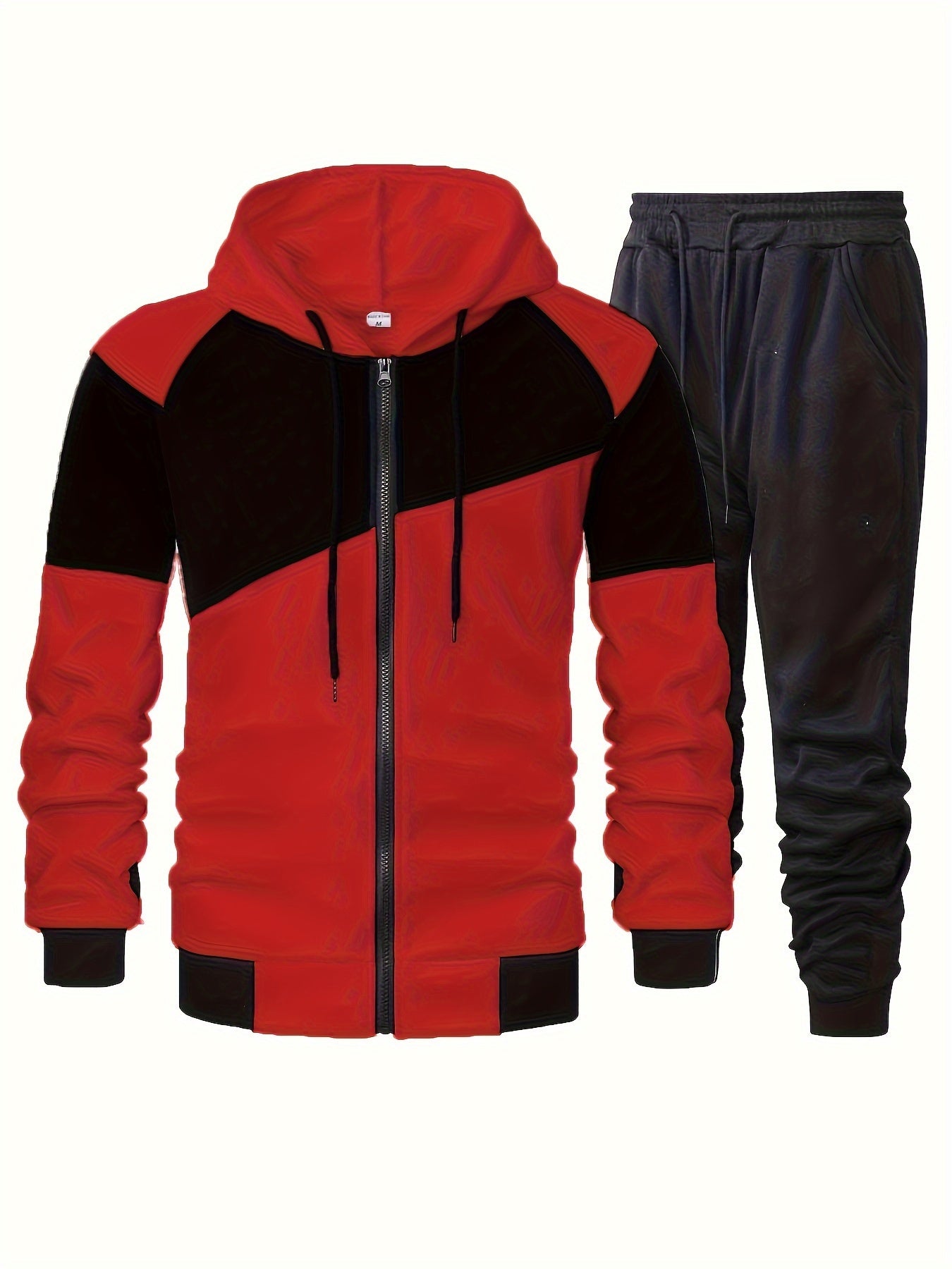 Elson OBM Men's Autumn and Winter Sportswear Set, Men's Color Block Long Sleeve Hooded Zip-Up Jacket with Solid Drawstring Joggers Outdoor and Sports Outfit... Top Bottoms Set