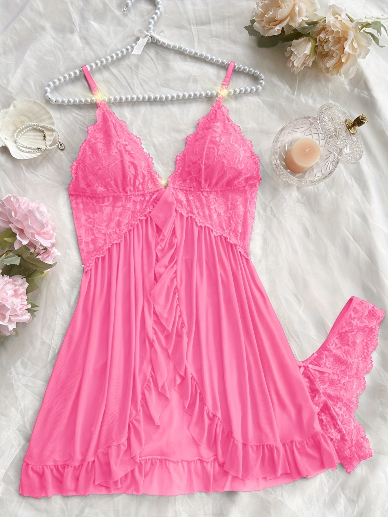 Sexy and Romantic Sleepwear Set, Solid Color Lace Camisole with Matching Panties, V-Neck Design Accentuating Elegant Neckline, Delicate Lace Pattern for Softness. Flared Hem and Ruffled Front Add Graceful Charm, Perfect for a