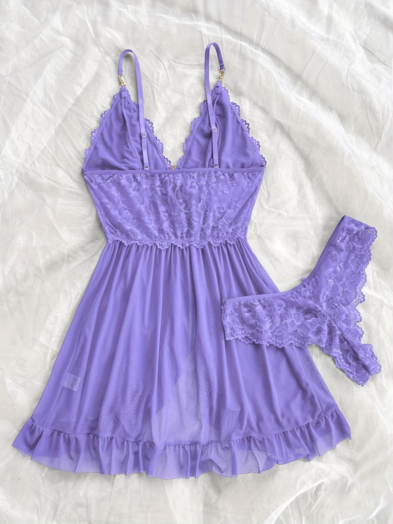 Sexy and Romantic Sleepwear Set, Solid Color Lace Camisole with Matching Panties, V-Neck Design Accentuating Elegant Neckline, Delicate Lace Pattern for Softness. Flared Hem and Ruffled Front Add Graceful Charm, Perfect for a
