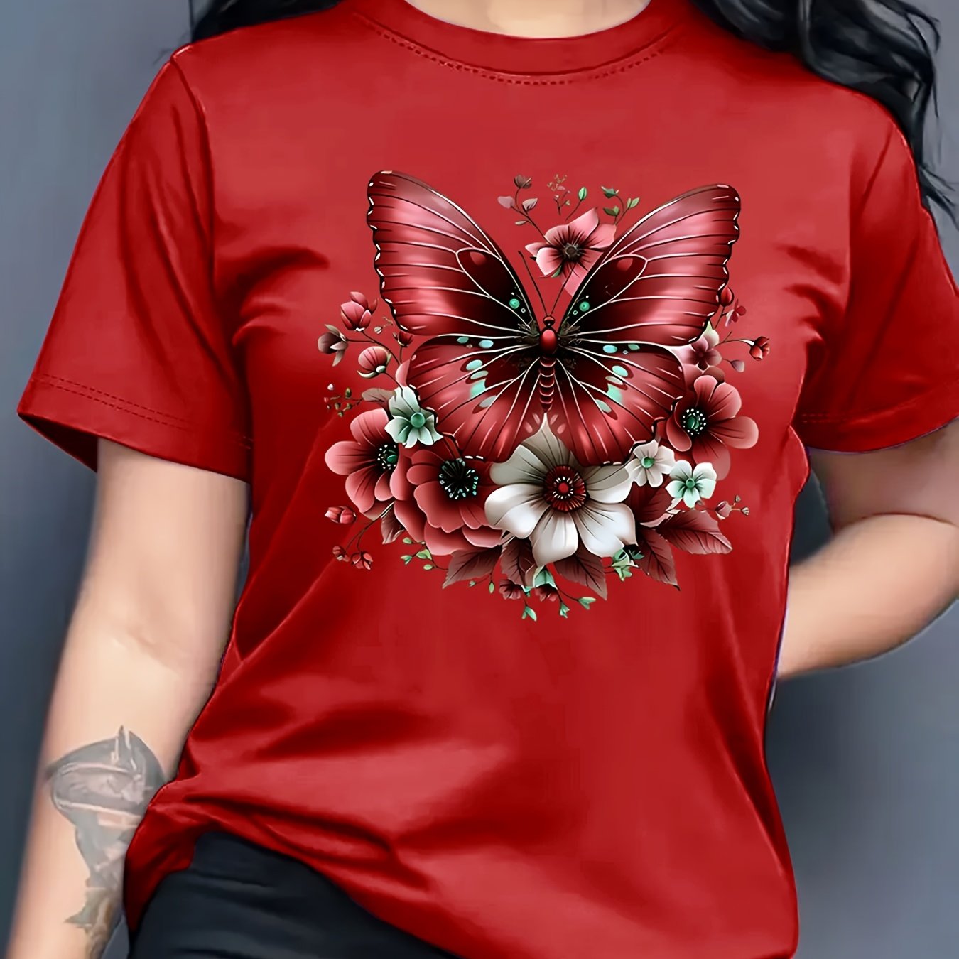 Women'S Floral Butterfly Print T-Shirt, Short Sleeve Crew Neck Casual Top for Spring & Summer, Vibrant Green with White & Blue Flowers, Perfect Birthday or Holiday Gift, Everyday Fashion | Vibrant Casual Top | Glossy Texture