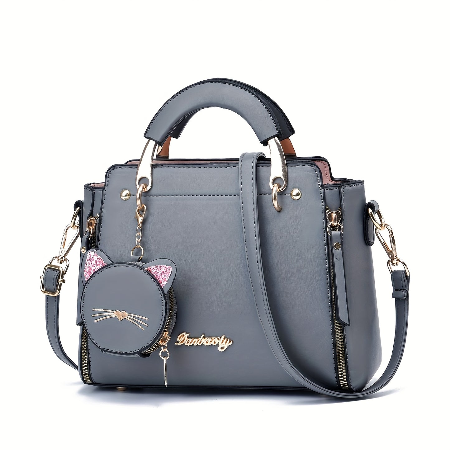 Women'S Fashion Cat Head Handbag, 2025 Trendy Shoulder Bag with Zipper Closure, Polyester Lined, Painted Edges, Versatile Solid Color - White, Red, Black, Pink, Khaki, Grey, Blue, Green, Purple, Light Blue