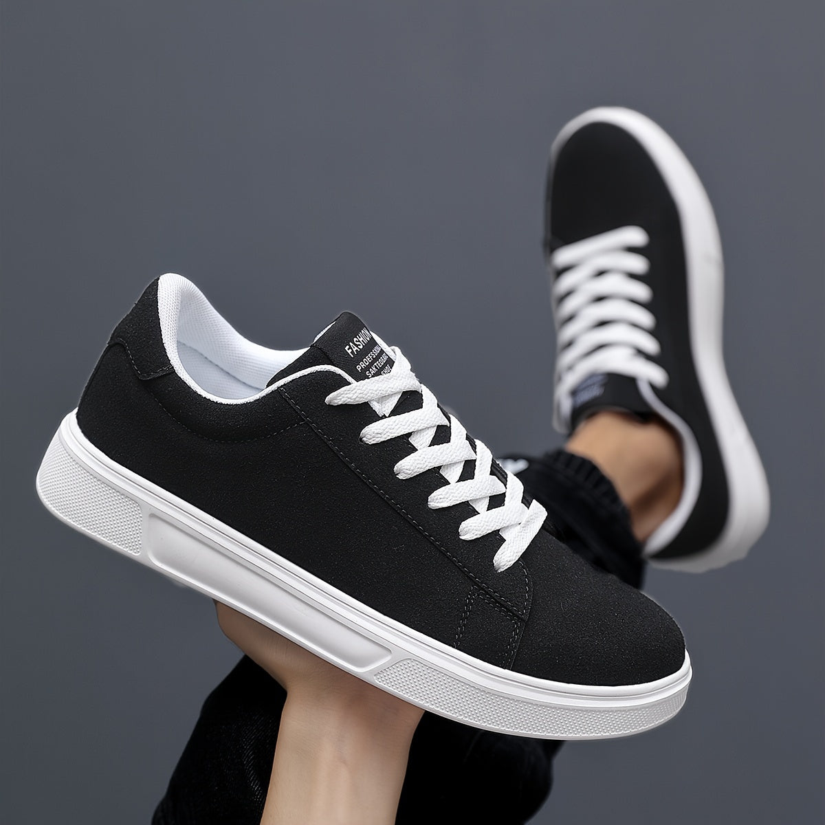 Men's Trendy Solid Skate Shoes, Comfy Non Slip Casual Lace Up Sneakers For Men's Outdoor Activities
