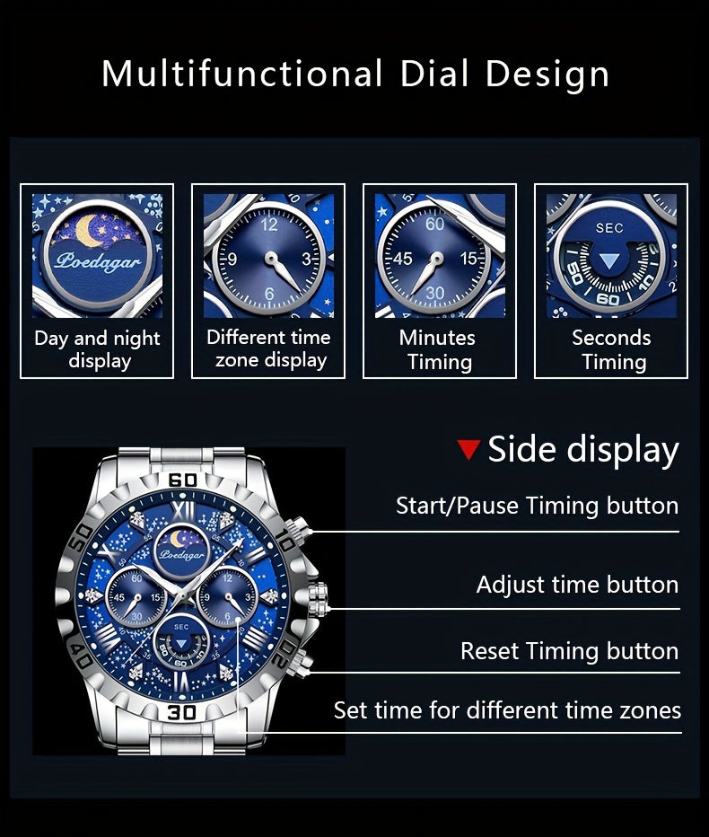 POEDAGAR Men'S Luxury Stainless Steel Quartz Watch with Moon Phase and Calendar - Waterproof, Night-Glow Hands, and Detailed Dial for Business and Formal Attire, Formal Watch | Detailed Watch Face | Quartz Movement