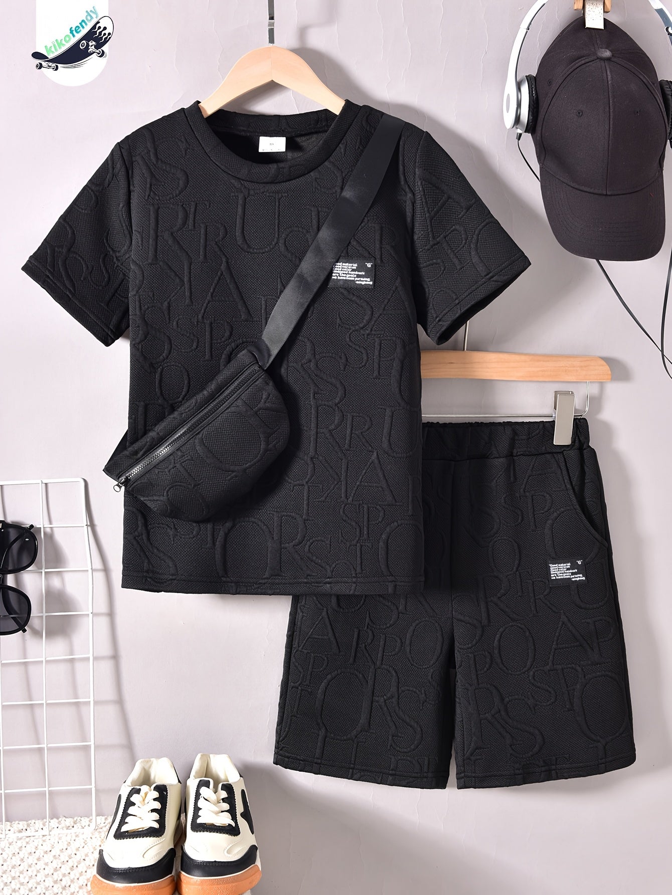 Boys' Stylish White Short Sleeve T-Shirt + Casual Shorts + Fashion Crossbody Bag Set, Perfect for Outdoor