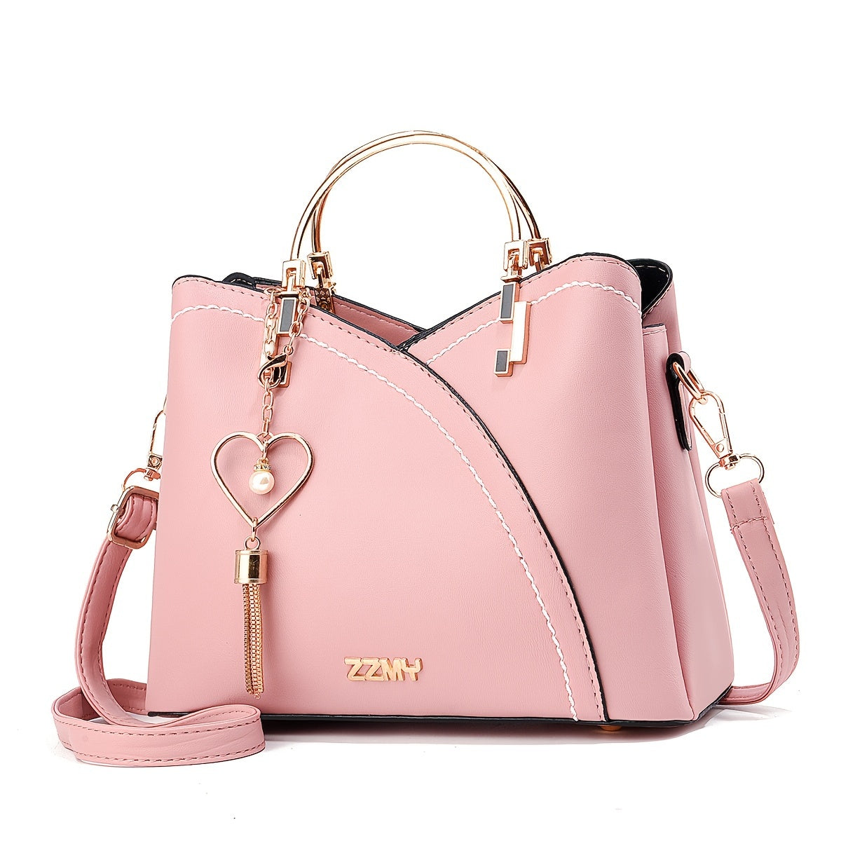 Elegant Light Blue & Pink Handbag with Golden-Tone Hardware, Heart Pendant Charm, And Detachable Shoulder Strap - Perfect Gift for Mom Or Family, Stylish Women'S Clutch Bag, Cute Purse