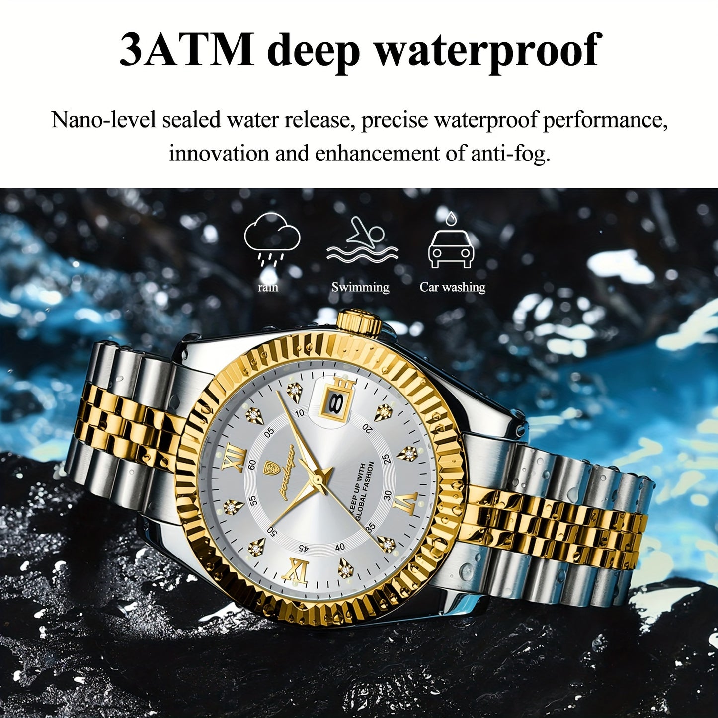 POEDAGAR Luxury Men'S Quartz Watch - Waterproof, Luminous, Stainless Steel Band, Blue & Golden Accents, Date & Week Display, Casual Elegant Timepiece with Backpack Clasp