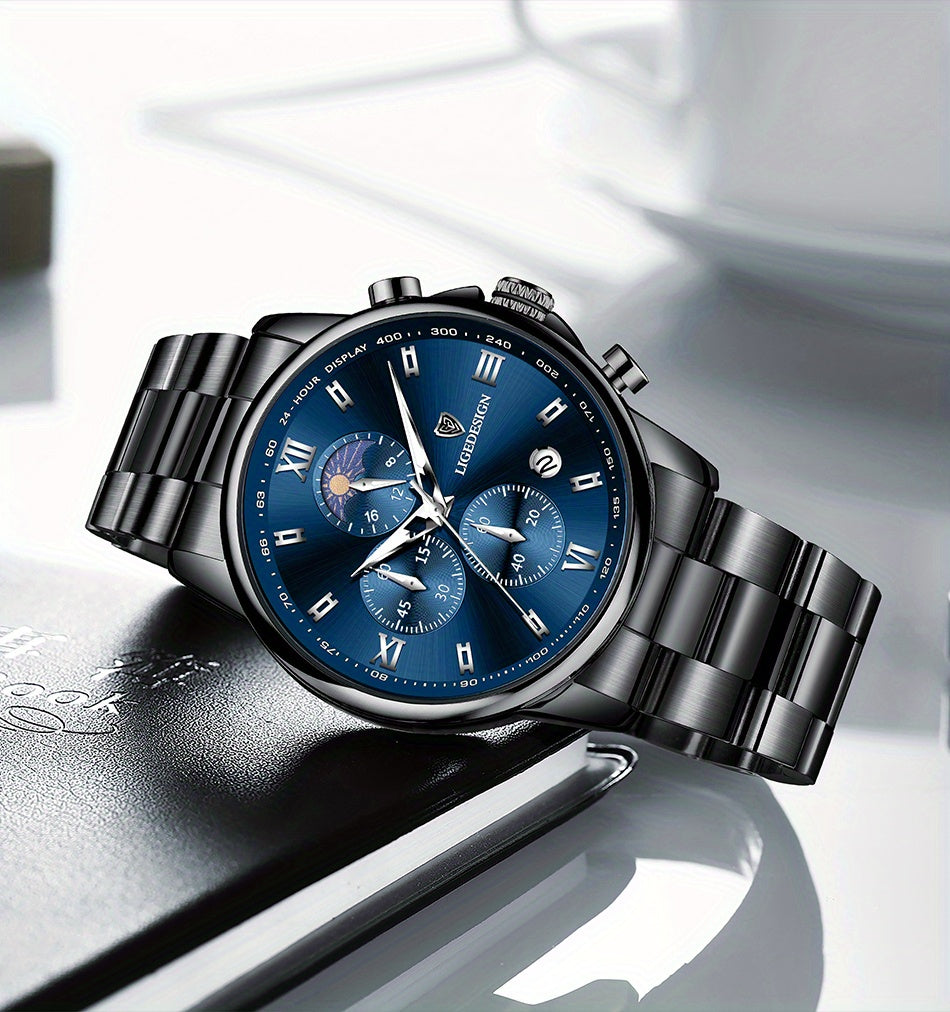 LIGE Black Blue Quartz Watch with Calendar, Exquisite & Simple Dial Stainless Steel Strap Multiple Colors High-quality Wrist Watch