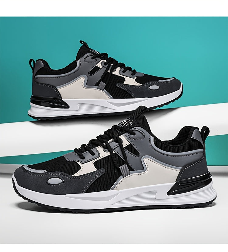Men's Plus Size Breathable Mesh Casual Sneakers - Low-Top Lace-Up Walking Shoes with Cushioned PVC Sole, All-Season Outdoor & Daily Wear in White/Navy/Red Accents, Outdoor Footwear | Modern Sneakers | Durable Fabric Shoes