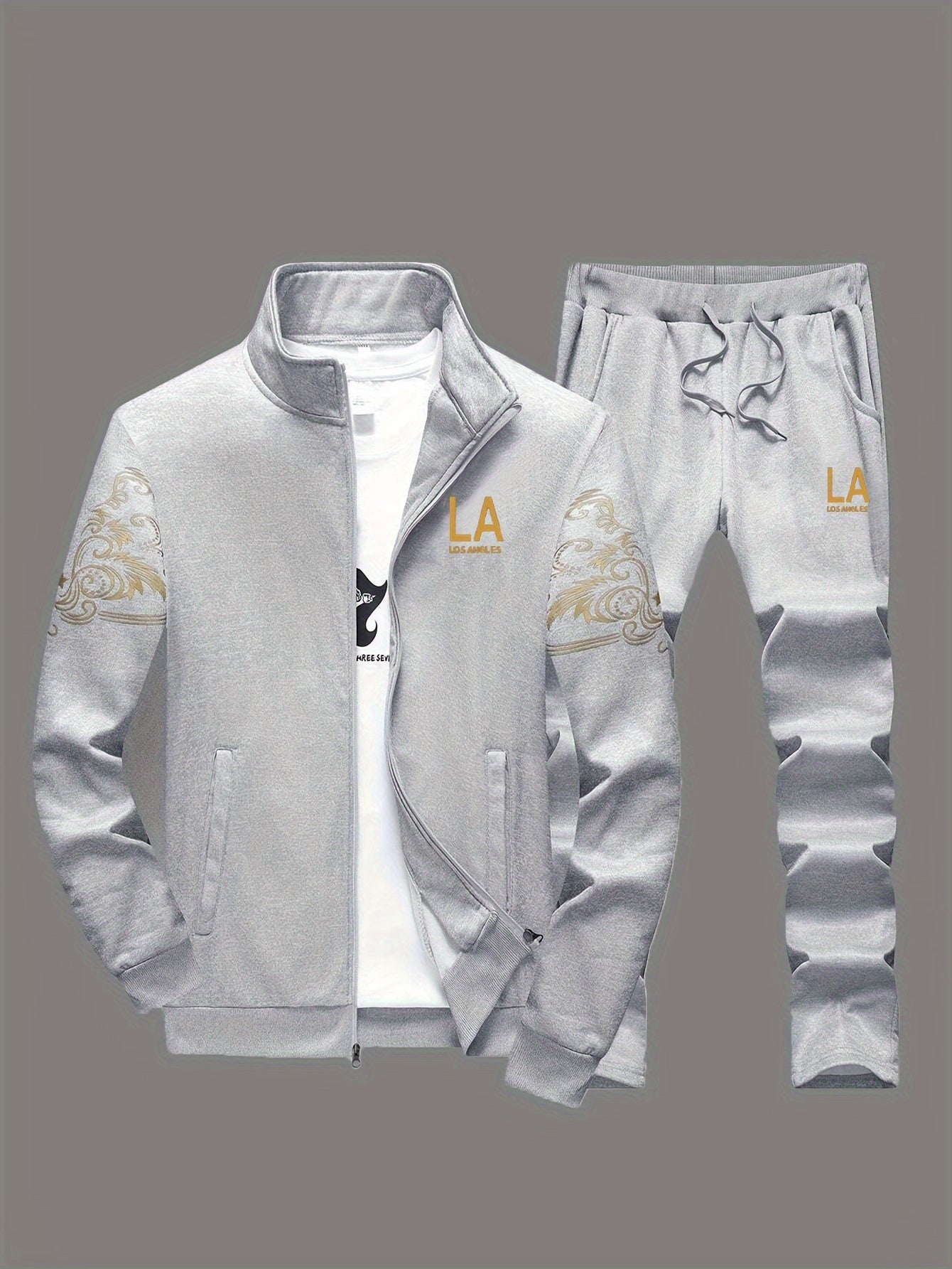 Men's Casual 2-Piece Outfit, Stylish Printed Full Zip Jacket & Drawstring Pants, Casual Sportswear Suit