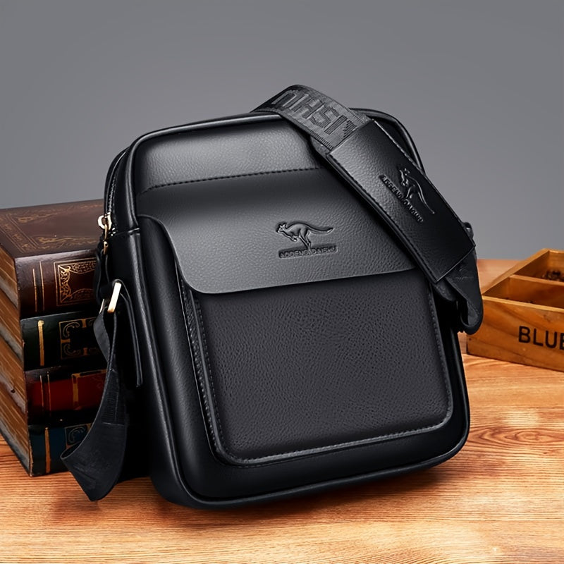 DOSHENG Men's Stylish Black Synthetic Leather Crossbody Bag - Adjustable Strap, Multi-Compartment Business Casual Satchel with Embossed Dinosaur Logo for Office Use, Versatile Crossbody Bag | Stylish Men's Accessory | Metalli