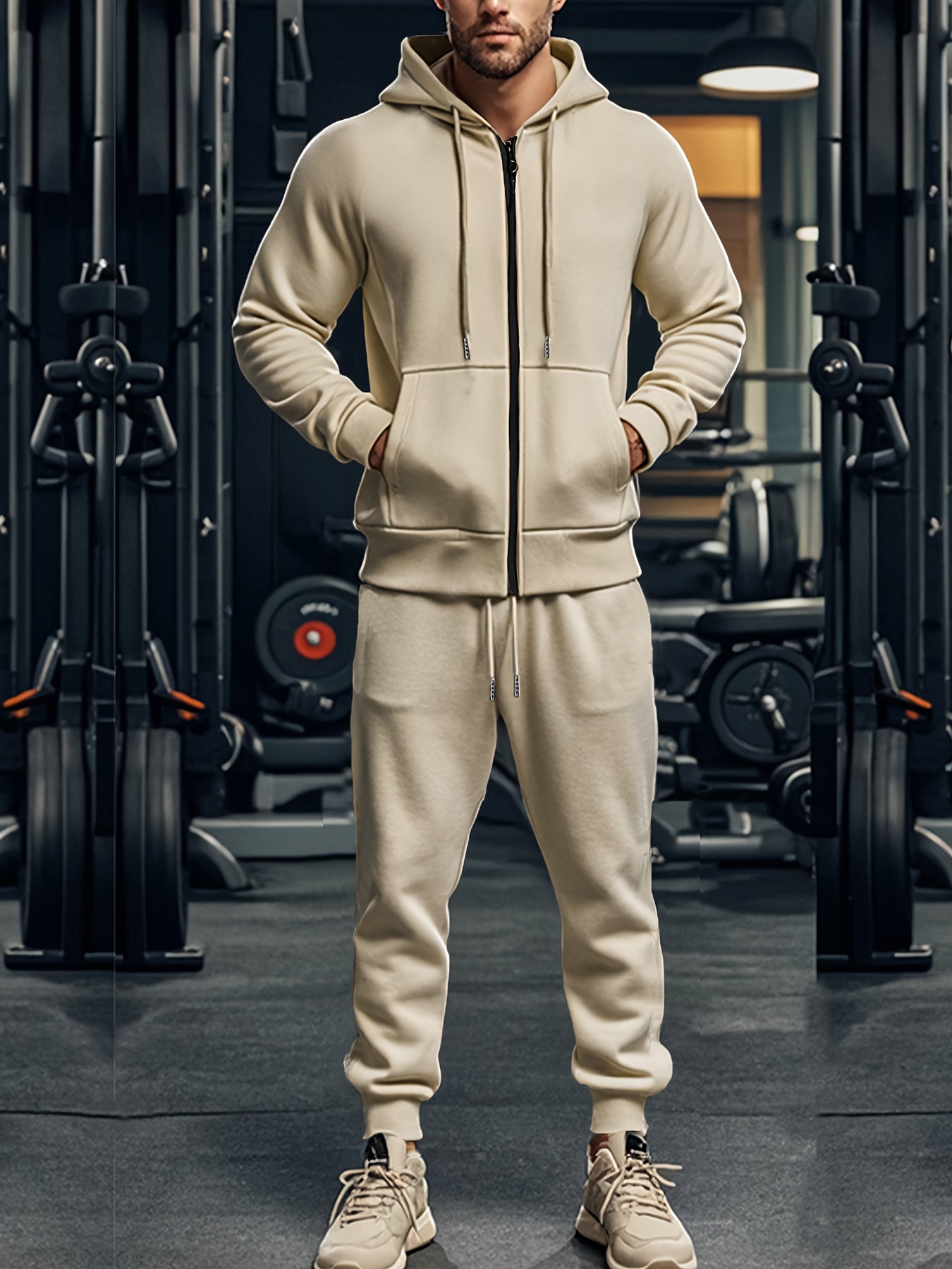 2pcs Men's Solid Color Hooded Long Sleeve Sweatshirt + Pants Set, Casual Co-ord Sports Fitness Set