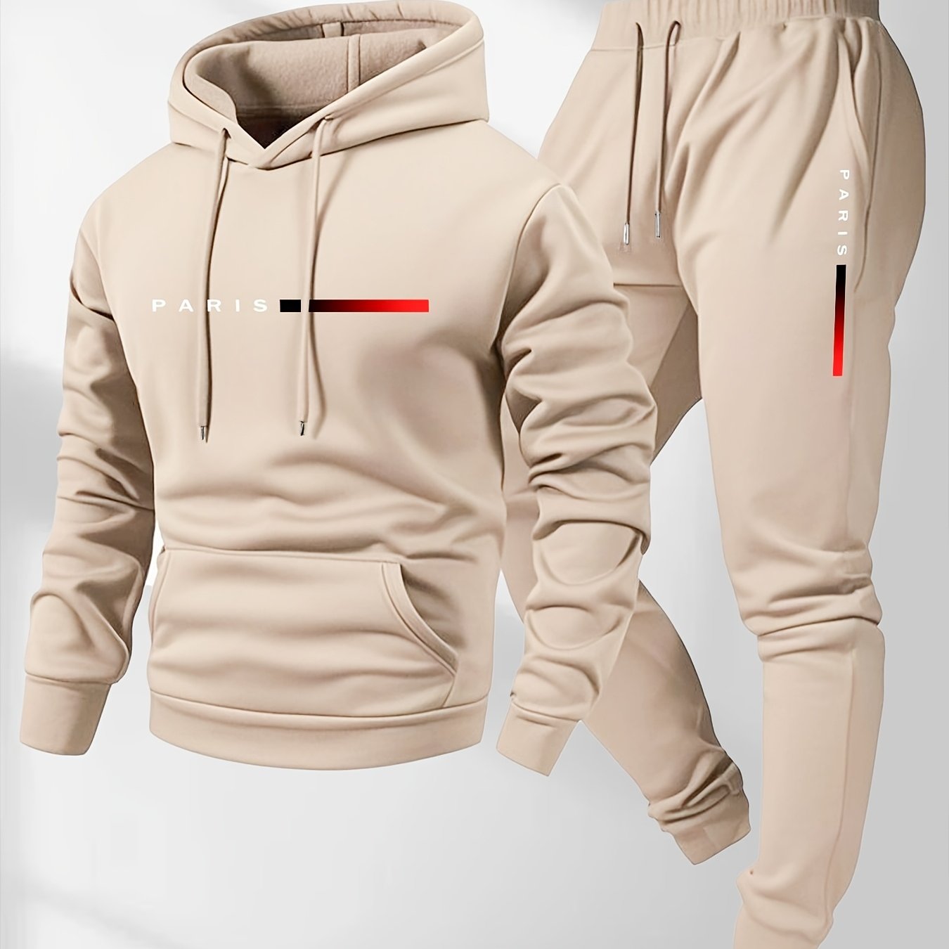 Men's Hoodie and Drawstring Sweatpants Set with PARIS Letter Print