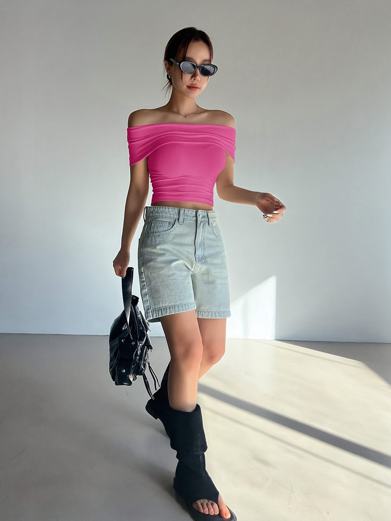 Chic Comfort| Elegant Women's Light Pink Off-Shoulder Ruched Crop Top - Slim Fit, Solid Color, Polyester & Elastane Blend, Machine Washable for Summer, Casual Wear|Chic Offshoulder Top|Delicate Texture