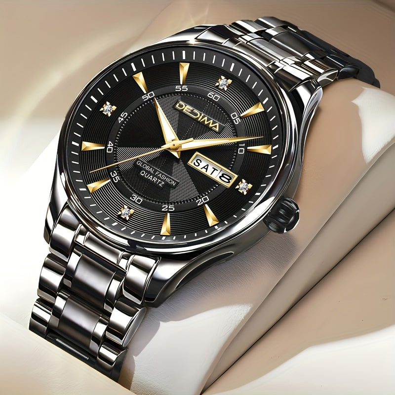 Stainless Steel Men's Quartz Watch with Luminous Hands, Dual Calendar, Date Display & High Quality IPX7 - Golden-Tone Dial, Accents for Business, Casual, Travel - Ideal Birthday Holiday Gift, Business Casual Watch | Sleek Met