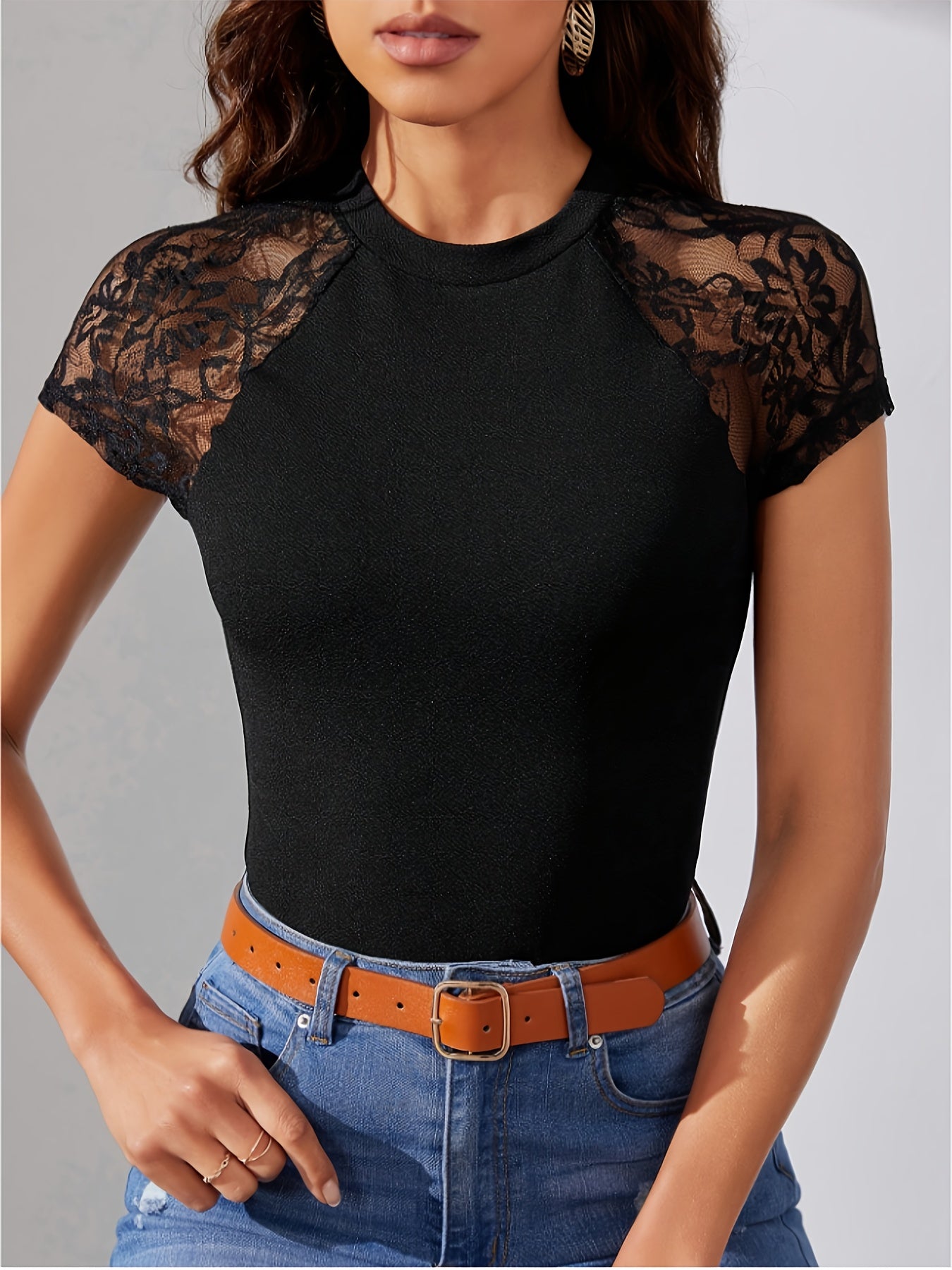 Women's High Waist Slim Fit T-Shirt - Black with Lace Contrast Raglan Sleeves, Stretch Polyester Blend, Breathable & Machine Washable, Elegant Casual Daily Wear Top, Versatile Clothing, Stylish Blouse, Soft Texture, Fitted Bl