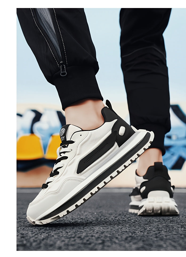 Men's Breathable Casual Sneakers - Trendy Low-Top Lace-Up Sneakers with Soft Rubber Sole, White & Black Design for Spring/Summer, Perfect for Running and Casual Attire, Versatile Running Footwear | Sporty Aesthetic Shoes | Co