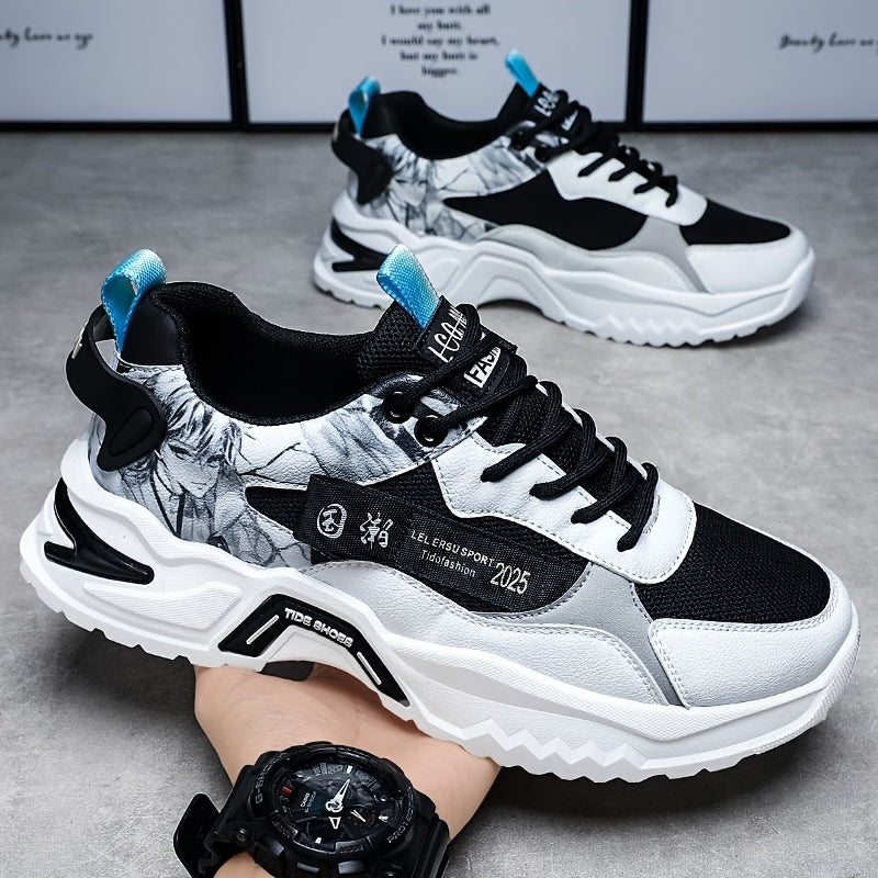 Men's Stylish Platform Sneakers with Wave Pattern - Comfortable, Non-Slip & Durable for Outdoor, Campus Walks & Travel | Lace-Up, Breathable Design, for Autumn, Spring