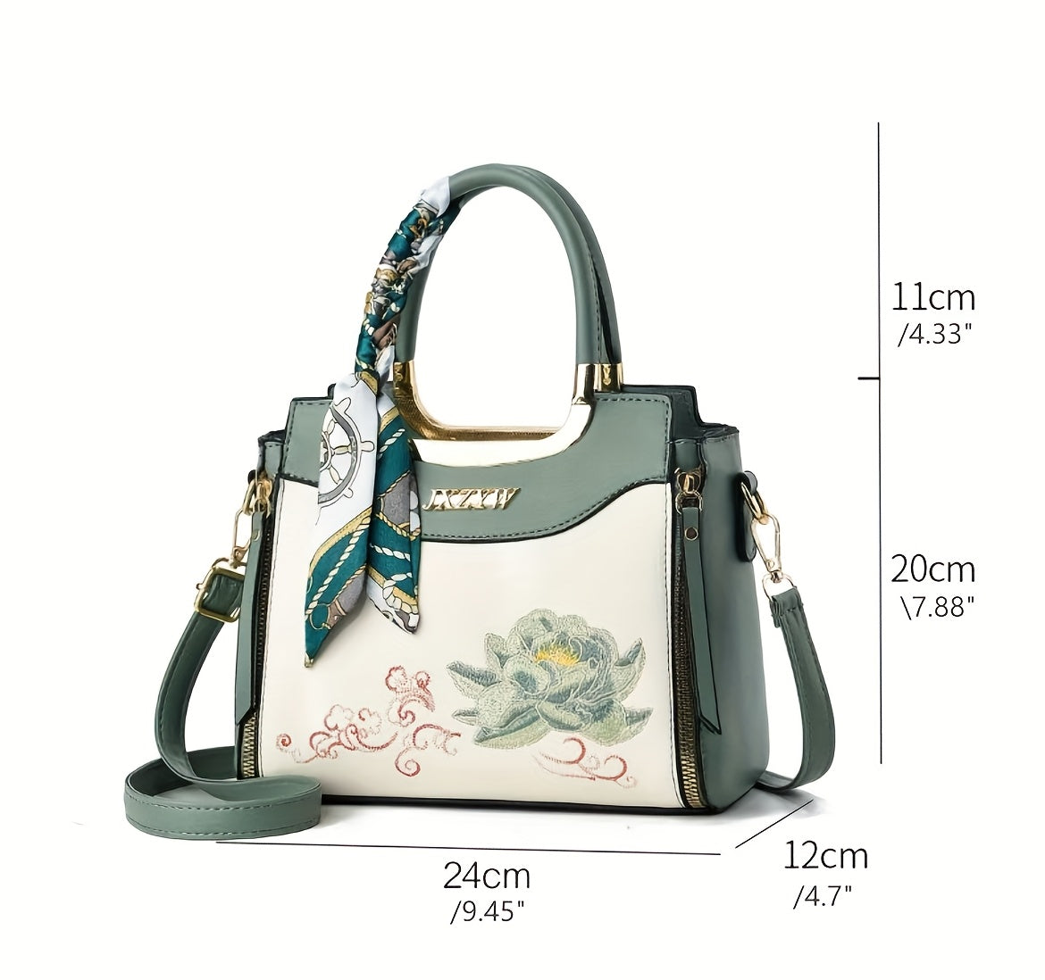 Stylish Women's Large Capacity Handbag with Floral Embroidery, Color-Block Design & Golden-Tone Hardware - Navy/Green/Wine Red, Polyester Lining, Secure Zipper Closure, Durable Commuter Tote for Work, Travel, Gift