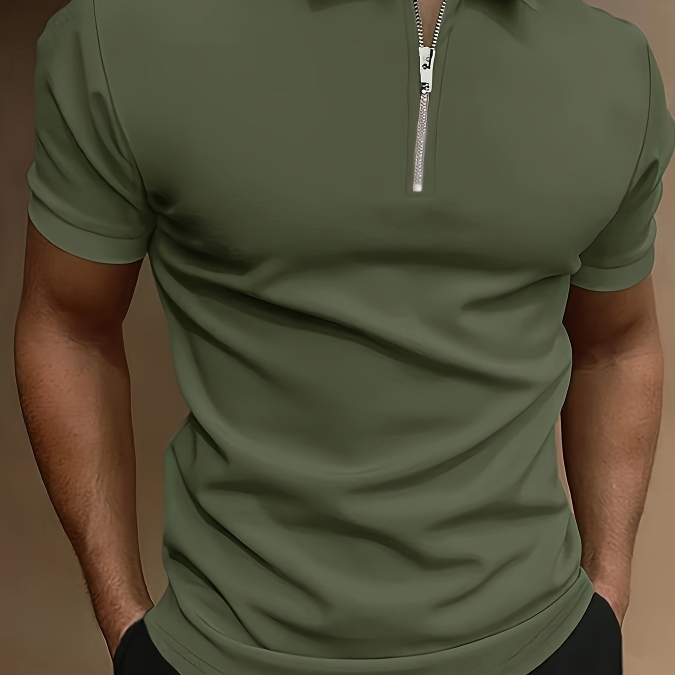 Casual Stretch Men's Solid Color Zipper Lapel Golf Shirt, Male Summer Streetwear