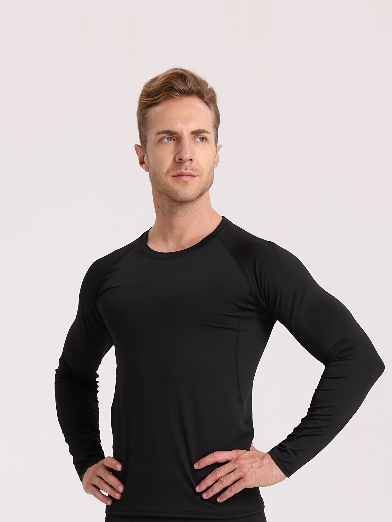 Elite Men's Long Sleeve Athletic Compression Shirt - Quick-Dry, Stretch Fabric, Round Neck, Solid White - Ideal for Gym, Running & Casual Home Wear - Machine Washable, Gym Clothes