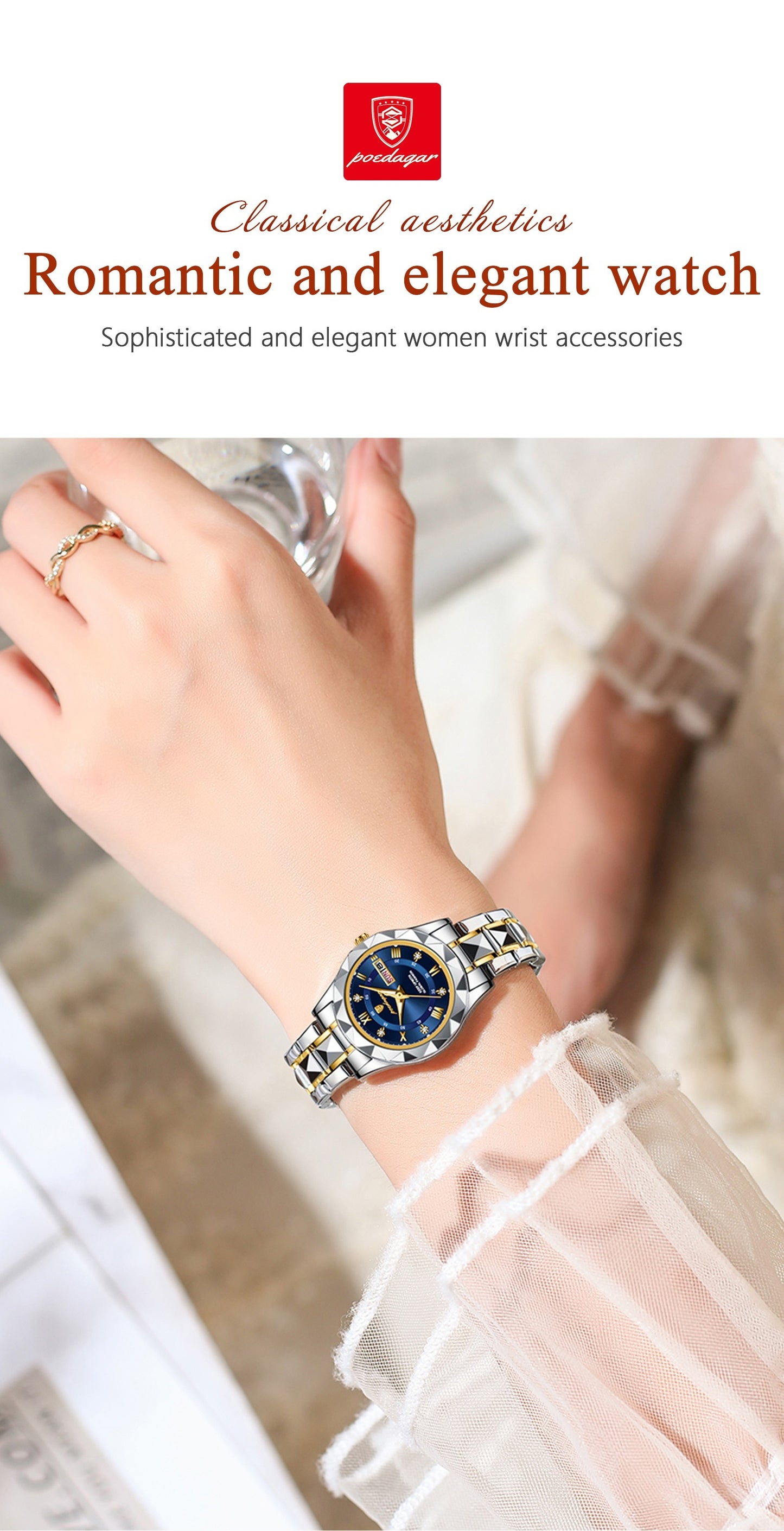 POEDAGAR Women's Elegant Stainless Steel Quartz Watch with Luminous Blue Dial, Roman Numerals, Date Calendar, IPX7 High Quality & -Accented Band for Casual & Formal Wear