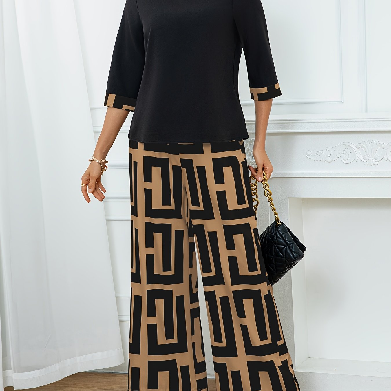 Women's Elegant Spliced Round Neck Top + Geometric Print Wide-Leg Pants Two-Piece Set