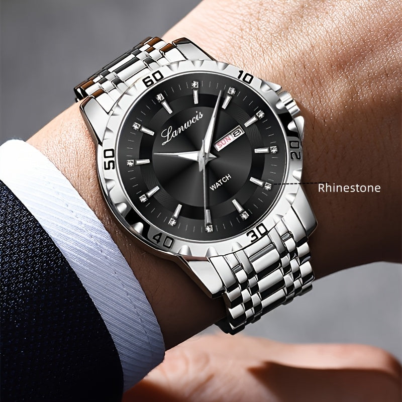 1pc Men's Business Style Stainless Steel Strap Watch - IPX7 Waterproof, Luminous Hands & Dial, Calendar & Week Display, Quartz Movement, Travel Leisure Sports Watch with Gift Box, Luxury Wristwatch | Sleek Metallic Finish | D