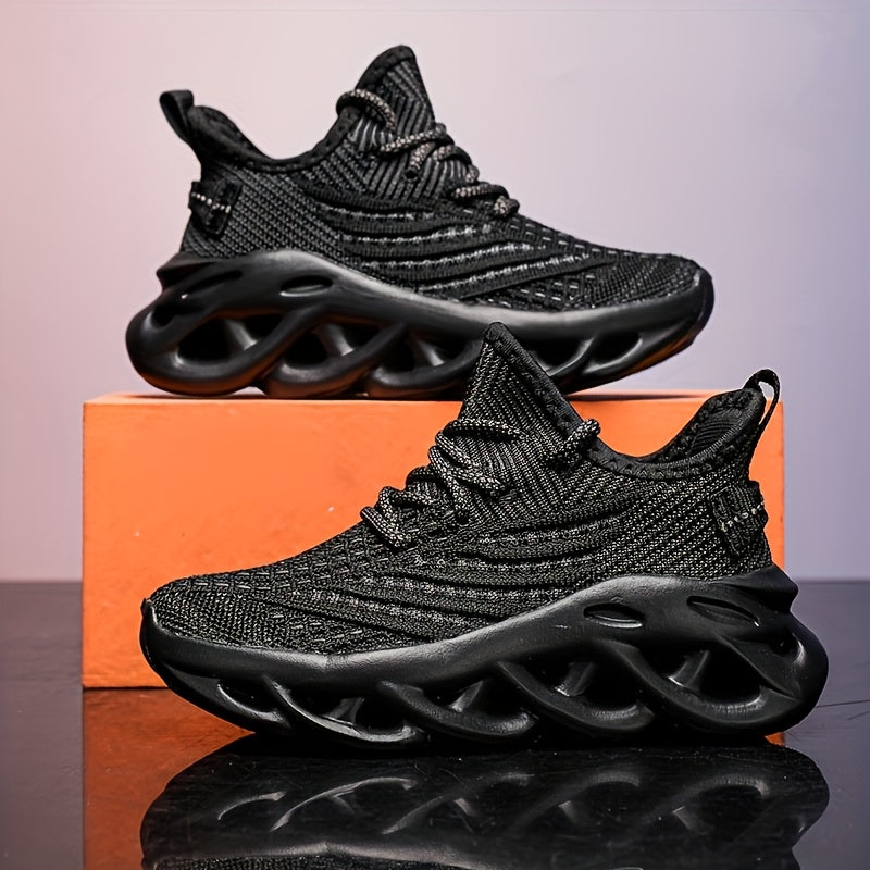 Boys' Breathable Knit Sneakers - Lightweight Running & Training Shoes with Air Cushion, Non-Slip MD Sole, Lace-Up Design, Available in Black & White
