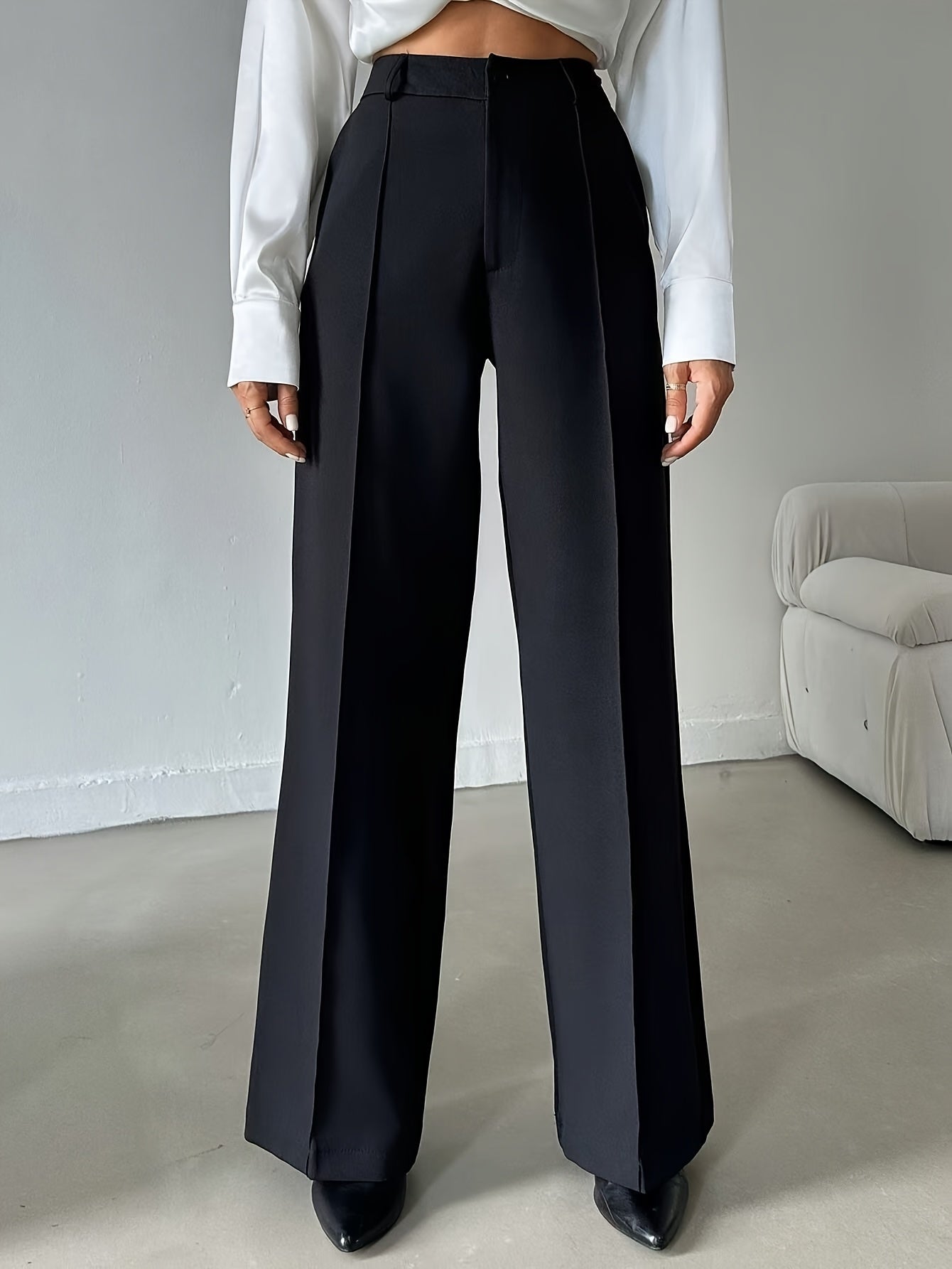 Ladies Elegant Solid Color Straight Leg Polyester Pants 99110643 with Pocket for Adult