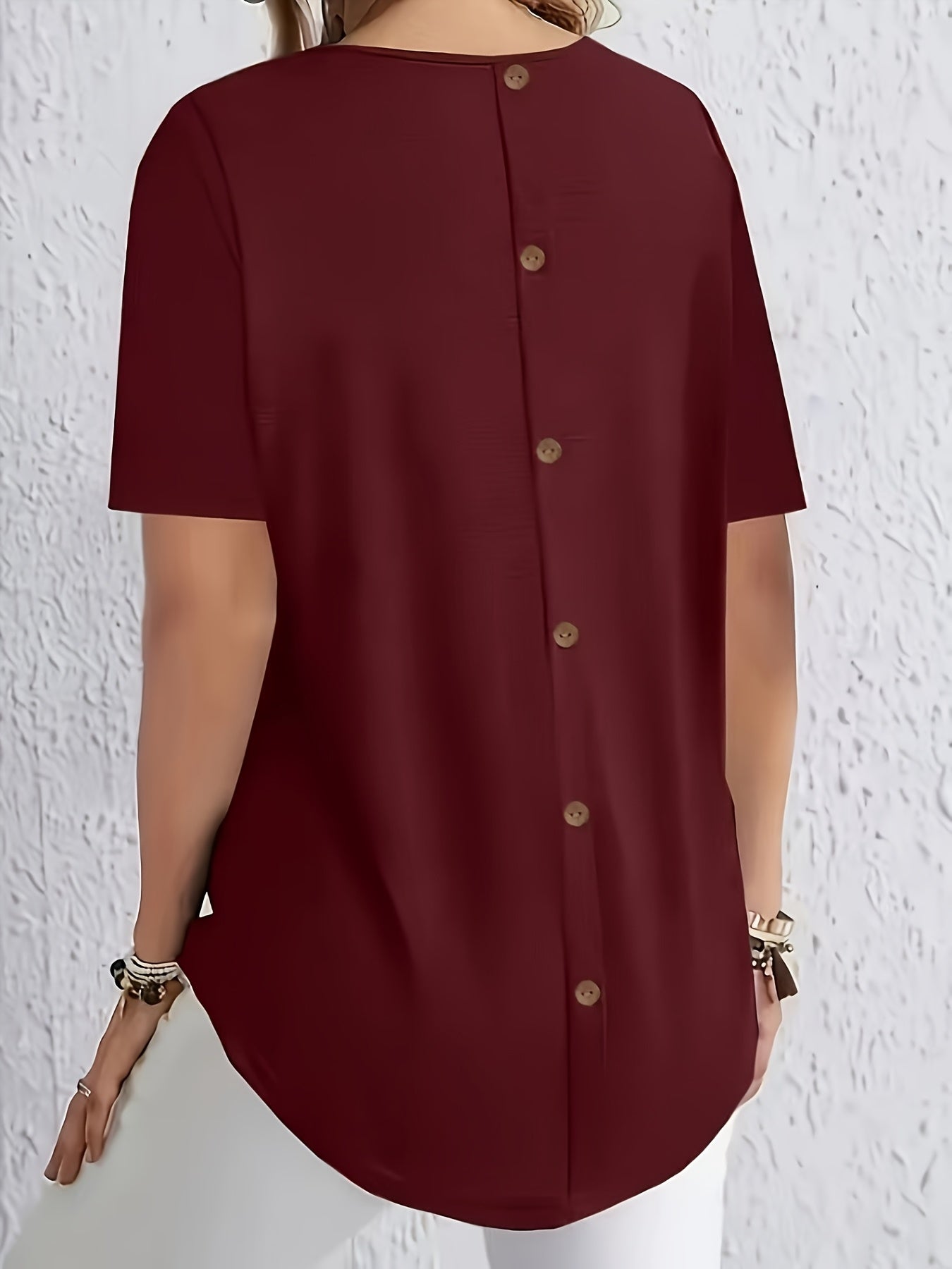 Women's Elegant Solid Color Short Sleeve T-Shirt with Back Button Detail - Loose Fit Casual Spring/Summer Top, Machine Washable, Polyester Blend, Maroon, Spring Fashion Wear | Solid Color Blouse | Glossy Fabric, Ladies T Shir