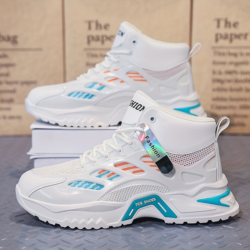 Fashion Mid-Top Sneakers for Men - Casual Street Style Athletic Shoes with Graphic Pattern, Lace-Up Closure, All-Season Round Toe Trainers with PU Upper, Fabric Lining & Insole, Anti-Slip PVC Sole