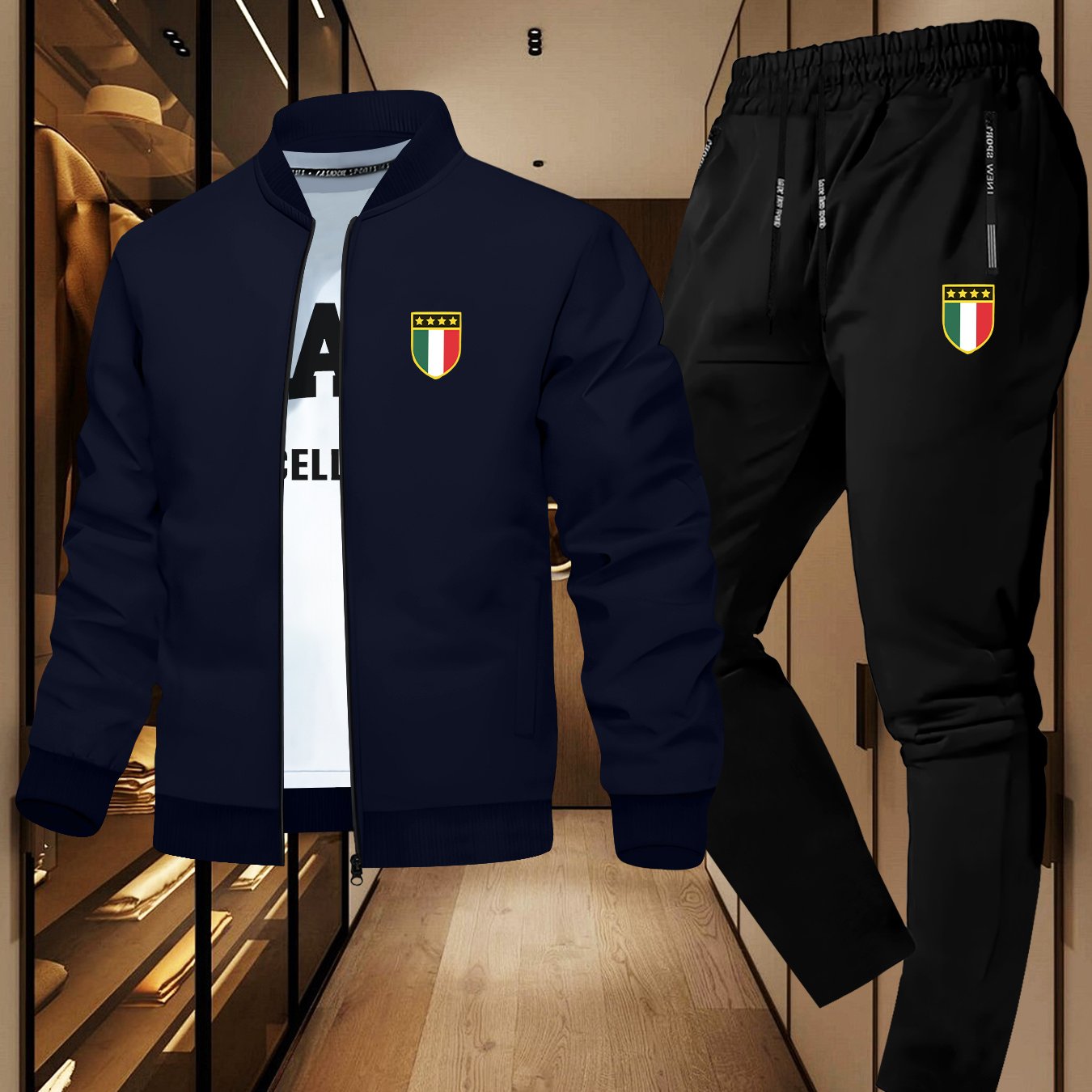 Men'S Trendy Design Jacket Two-Piece Suit with Five-Pointed Star Print, Casual Youth Casual Sports Jacket Suit