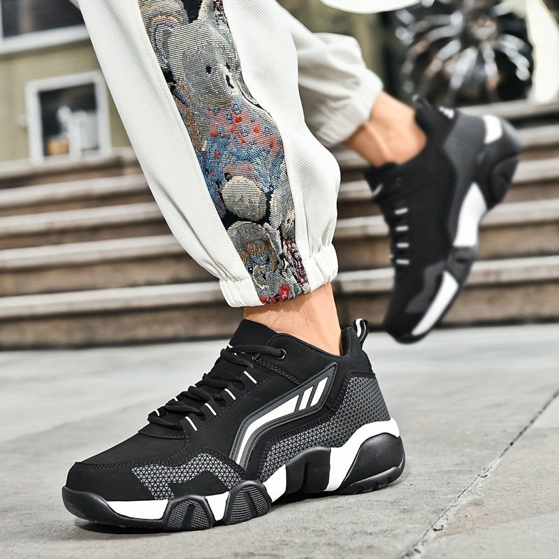 Men's Casual Sporty Sneakers - High Quality PU Upper, Non-Slip Rubber Sole with Cushioned Comfort & Inner Arch Support, Low-Top Lace-Up Design for All-Day Wear (Black/White) - Spring/Fall/Winter Seasonal Versatility, Comforta