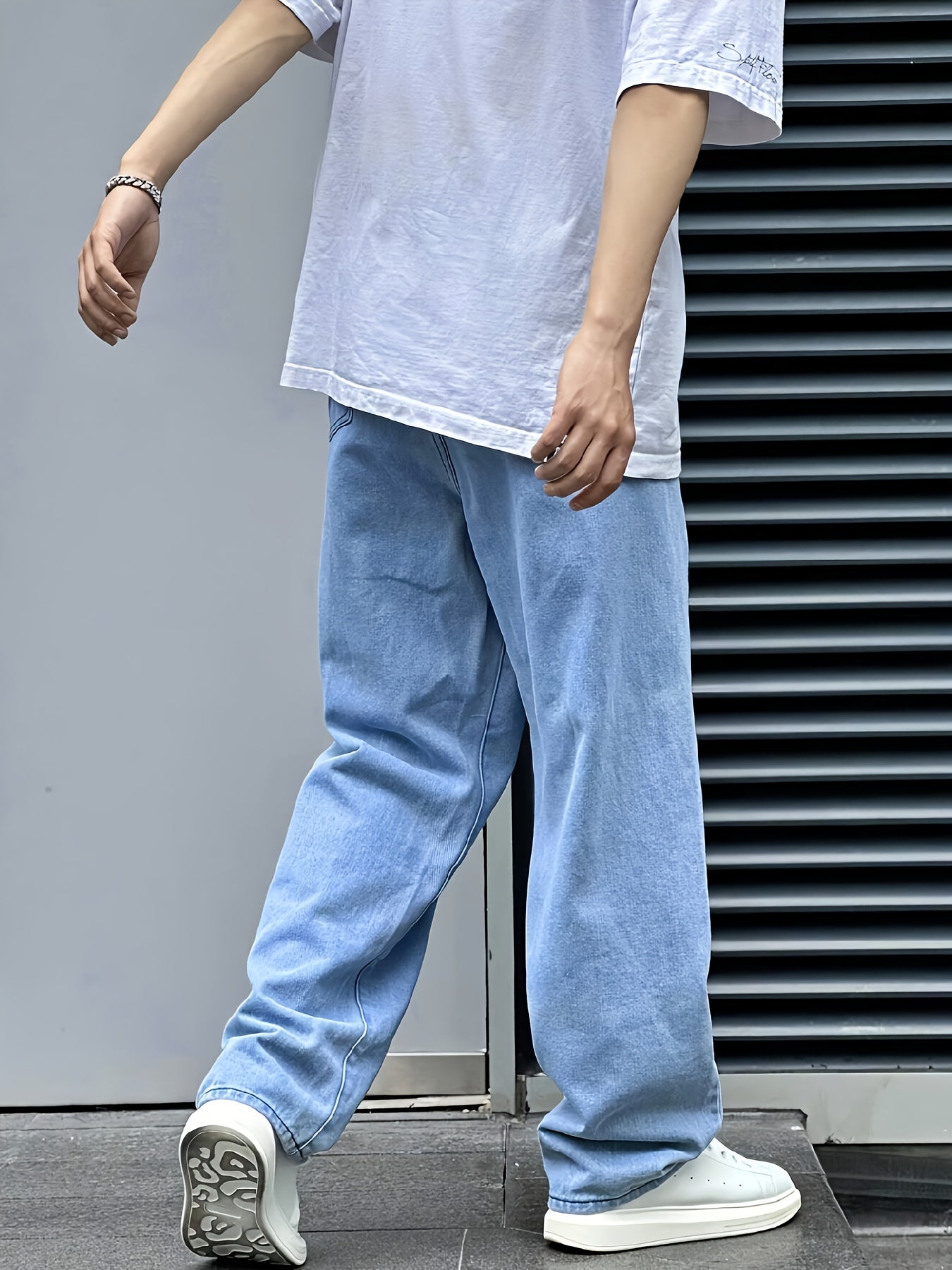 Men's Loose Fit Light Blue Denim Jeans - Straight Leg, Slant Pockets, Non-Stretch Cotton Blend, Casual Street Style for All Seasons