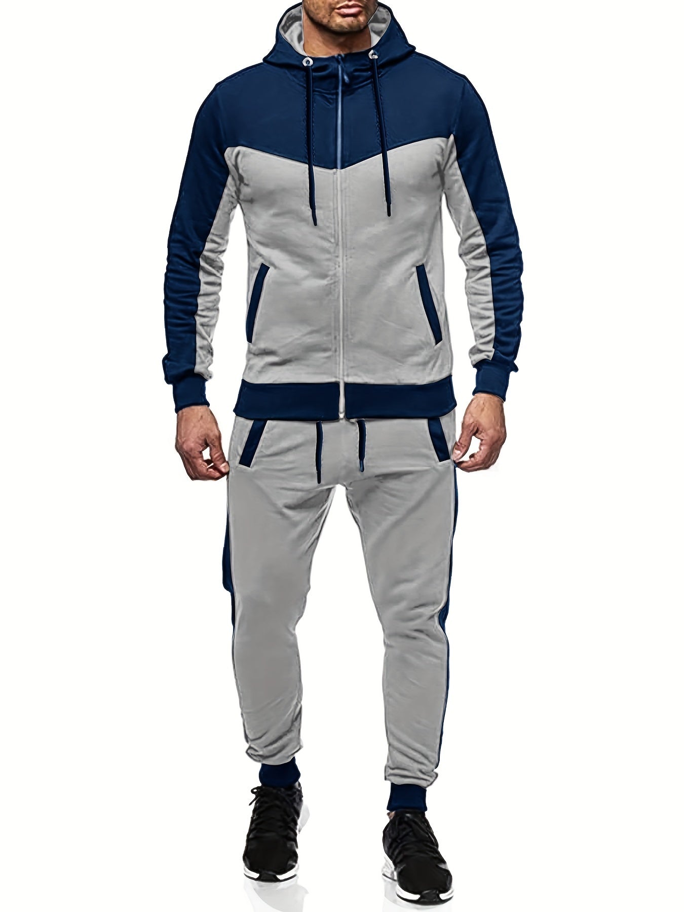 Men'S Casual Hoodie Set for Autumn And Winter, Featuring a Hooded Sweatshirt And a Sporty Cardigan in a Patchwork Design.