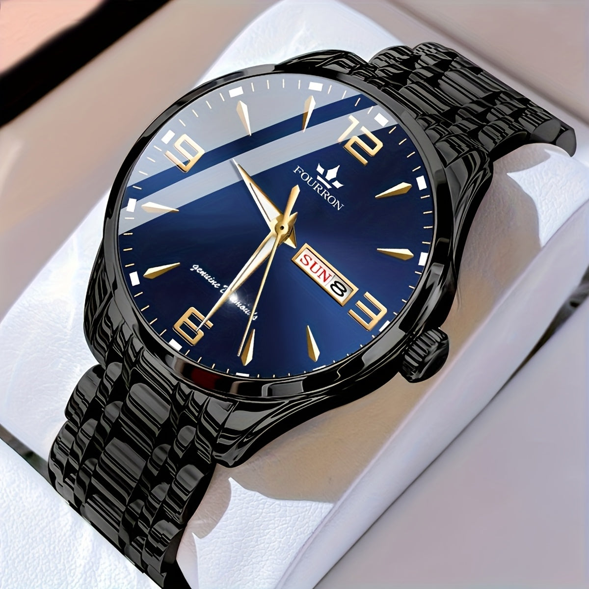 1pc New FOURRON Men's Stainless Steel Strap Quartz Watch - Large HD Scratch Resistant and Wear-Resistant Dial, IPX7 Waterproof, Luminous, Date & Calendar Function, Silent Movement, Stylish Gift for Him