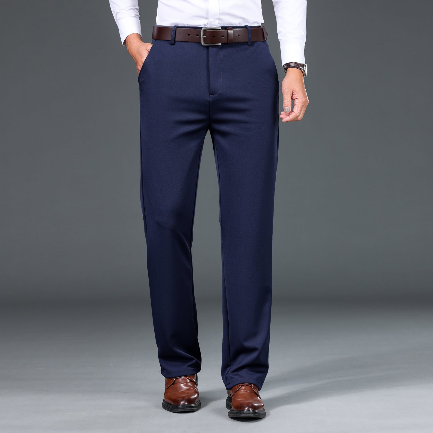 1pc Men'S Warmth Business Casual Pants, Fall/Winter Fleece-Lined Thickened Straight-Leg Trousers with Slant Pockets, Solid Color Knit Fabric Regular Fit Dress Pants with Zipper Closure, Medium Stretch Polyester