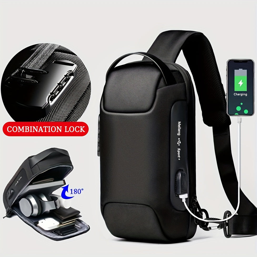 Oxford Fabric Waist Bag with USB Charging & Combination Lock - Sleek Black Crossbody for Men & Women, Ideal for Outdoor Activities & Motorcycle Riding, Perfect Valentine's or Father's Gift, Motorcycle Bag