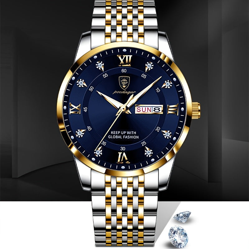 POEDAGAR Classic Men'S Stainless Steel Quartz Watch, IPX8 Luminous Weekly Calendar Watch for Men, Perfect Gift Option, Suitable for Women