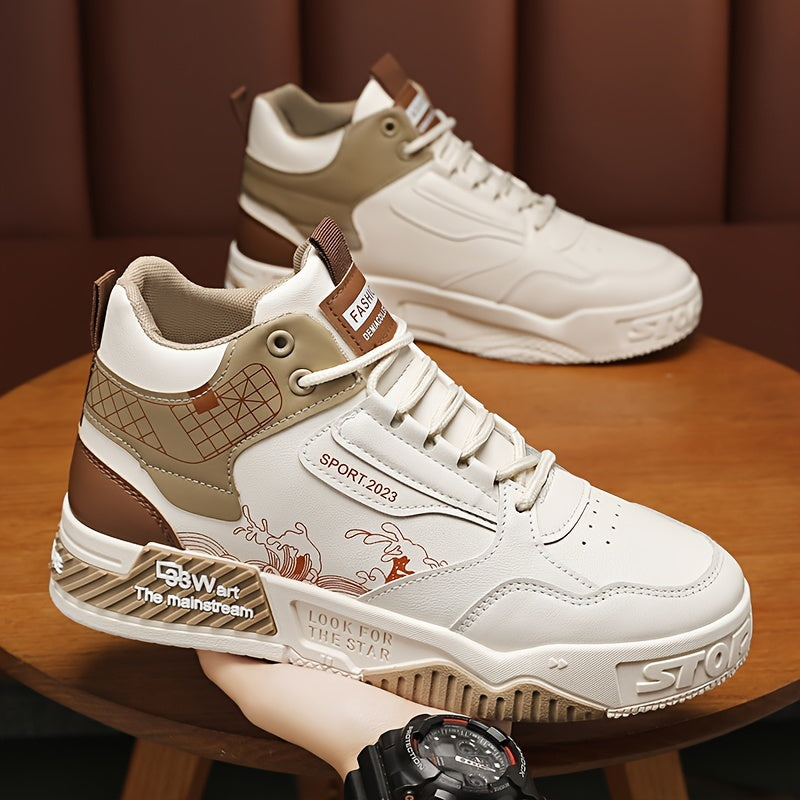 1pair Men'S Fashion Skateboarding Sneakers, High-Top Midsole with Lace-Up Closure, Faux Upper, Cartoon Wave Pattern, Comfortable Non-Slip PVC Sole, Breathable Fabric Lining, Casual Street Style Shoes for Outdoor Activities