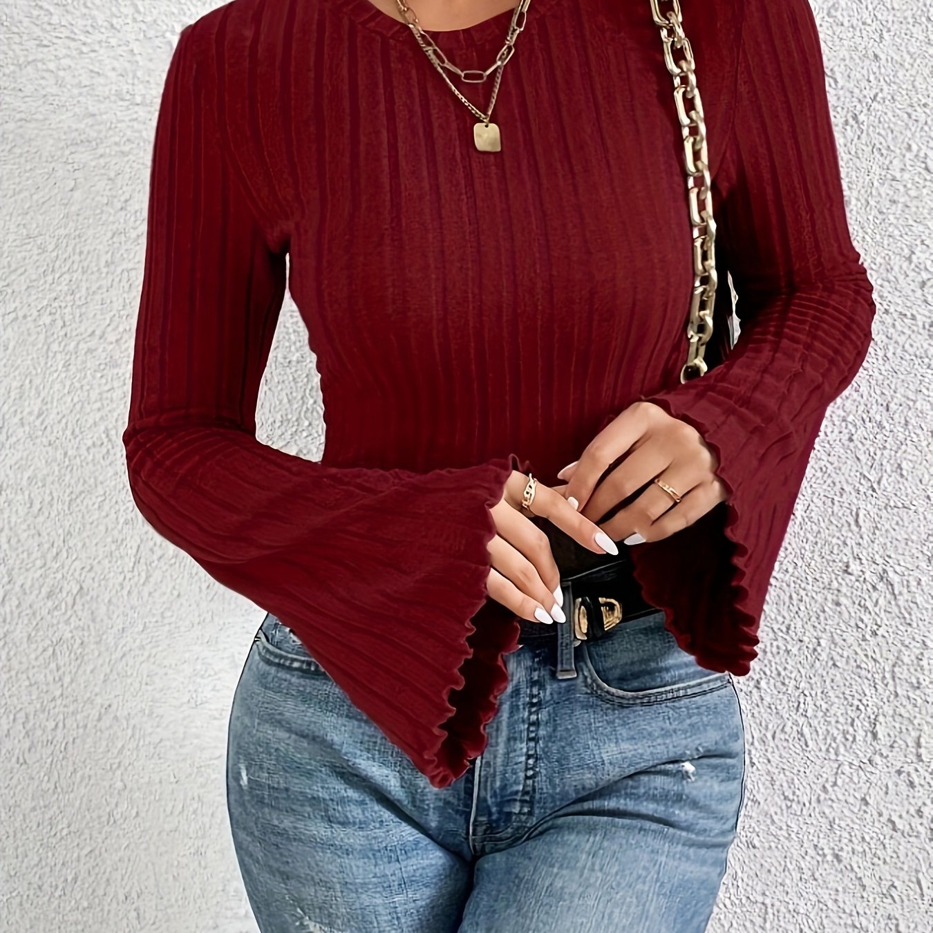 1pc French Style Ribbed T-Shirt for Women, Long Sleeve with Flounce Detail, Solid Color, Round Neck, Regular Length, Polyester Knit Fabric, Perfect for Spring/Autumn Season