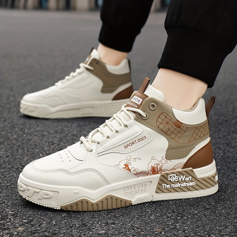 Men's High-Top Skate Sneakers - Comfortable, Non-Slip Casual Shoes for Outdoor Walking & Jogging, Stylish Striped/Solid Design, Lace-Up, All Seasons
