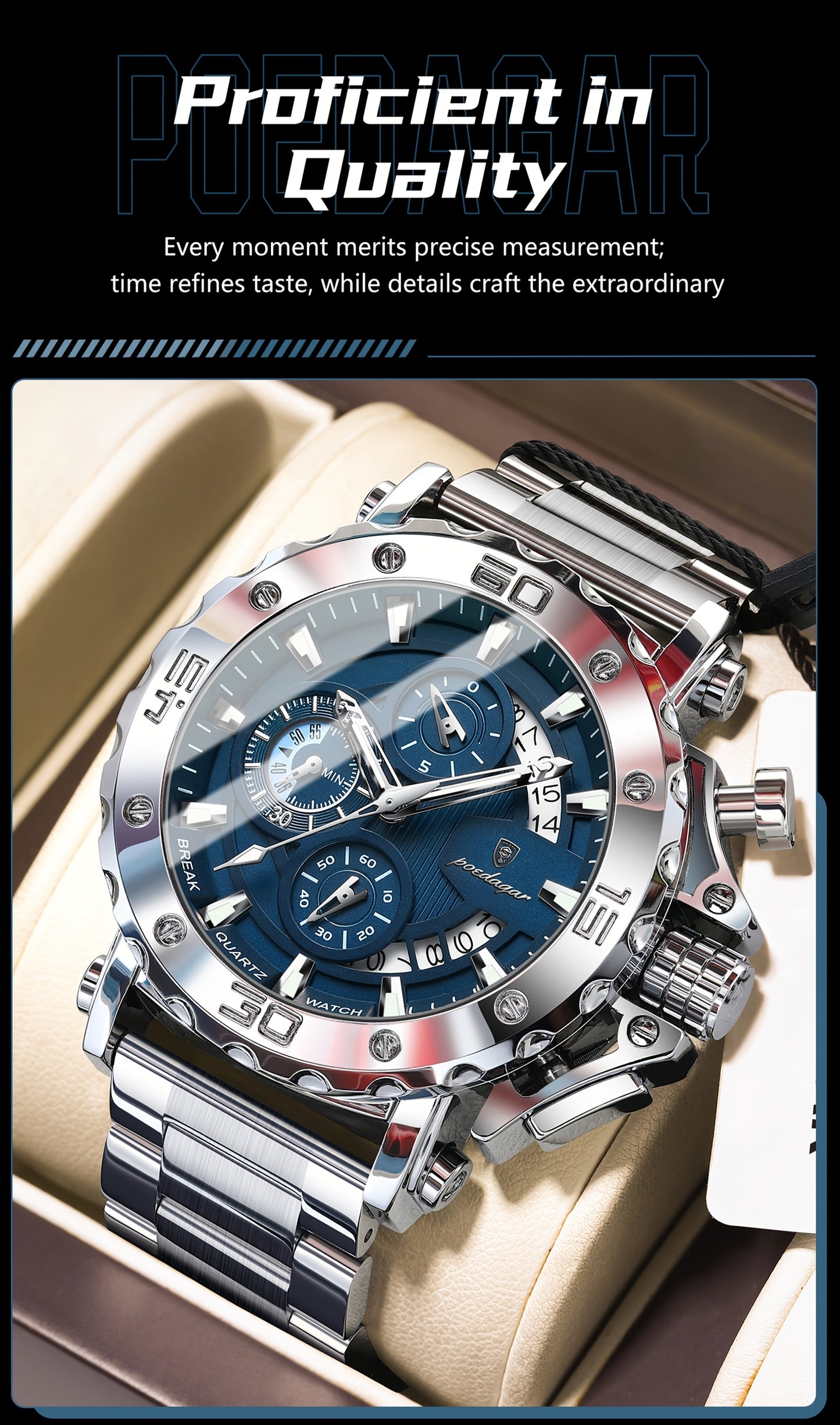 POEDAGAR Men'S Luxury Stainless Steel Business Watch with Date Display, 3ATM Blue Dial, Rotating Bezel, Alloy Case, Quartz Movement - Elegant Formal Accessory, Formal Accessory|Luxurious Watch|Quartz Movement Watch