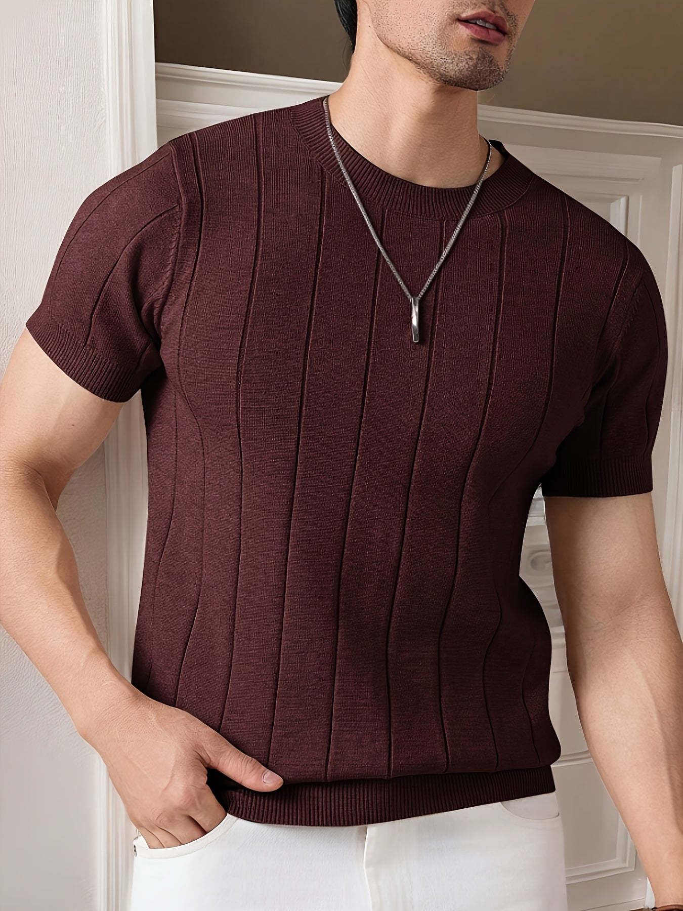 Men's Slim Fit Striped Textured Knit Crew Neck T-Shirt - High Elasticity Short Sleeve Casual Top for Spring/Autumn, Breathable Daily Leisurewear, Spring Fashion, Classic Style, Durable Construction, Pullover Shirt, Stylish Me