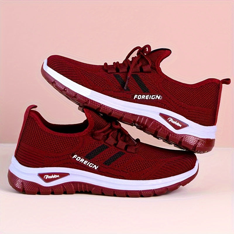 Women's Lightweight Breathable Knit Running Sneakers - Casual Sneakers with Lace-Up Closure, Dual-Layer PVC Sole for Easy Wear & Comfort, Black & Red Striped Design, Perfect for Outdoor Activities, Walking, and Daily Commute,