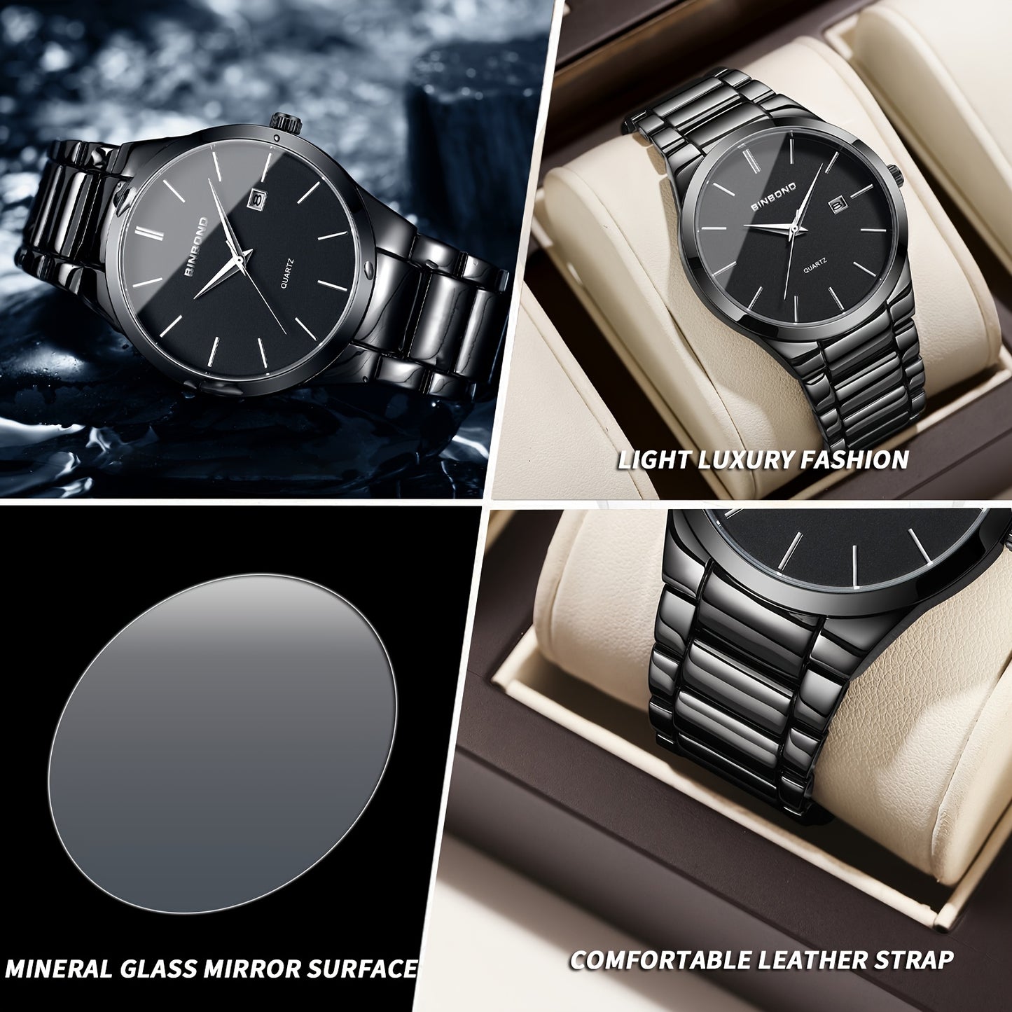 BINBOND Men'S Casual Business Waterproof Date Luminous Quartz Watch - Stainless Steel Band, Black Dial, Analog Display, Date Feature, Quartz Movement, Electronic Drive, Battery Operated (AAAx1), Wrist Watch